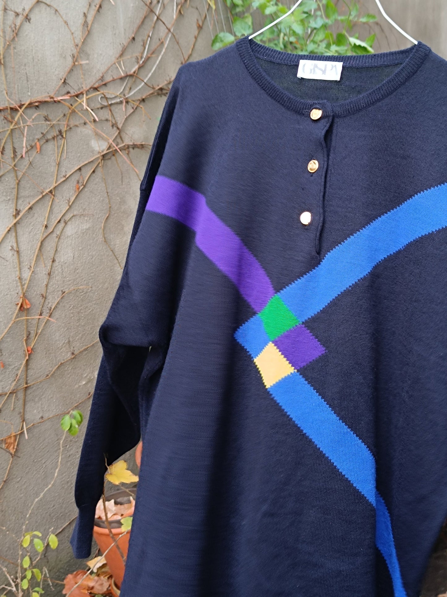 90s GISPA Geometric Blue Sweater | Women's Blue Long-Sleeved Knit| Bold Print Winter Pullover