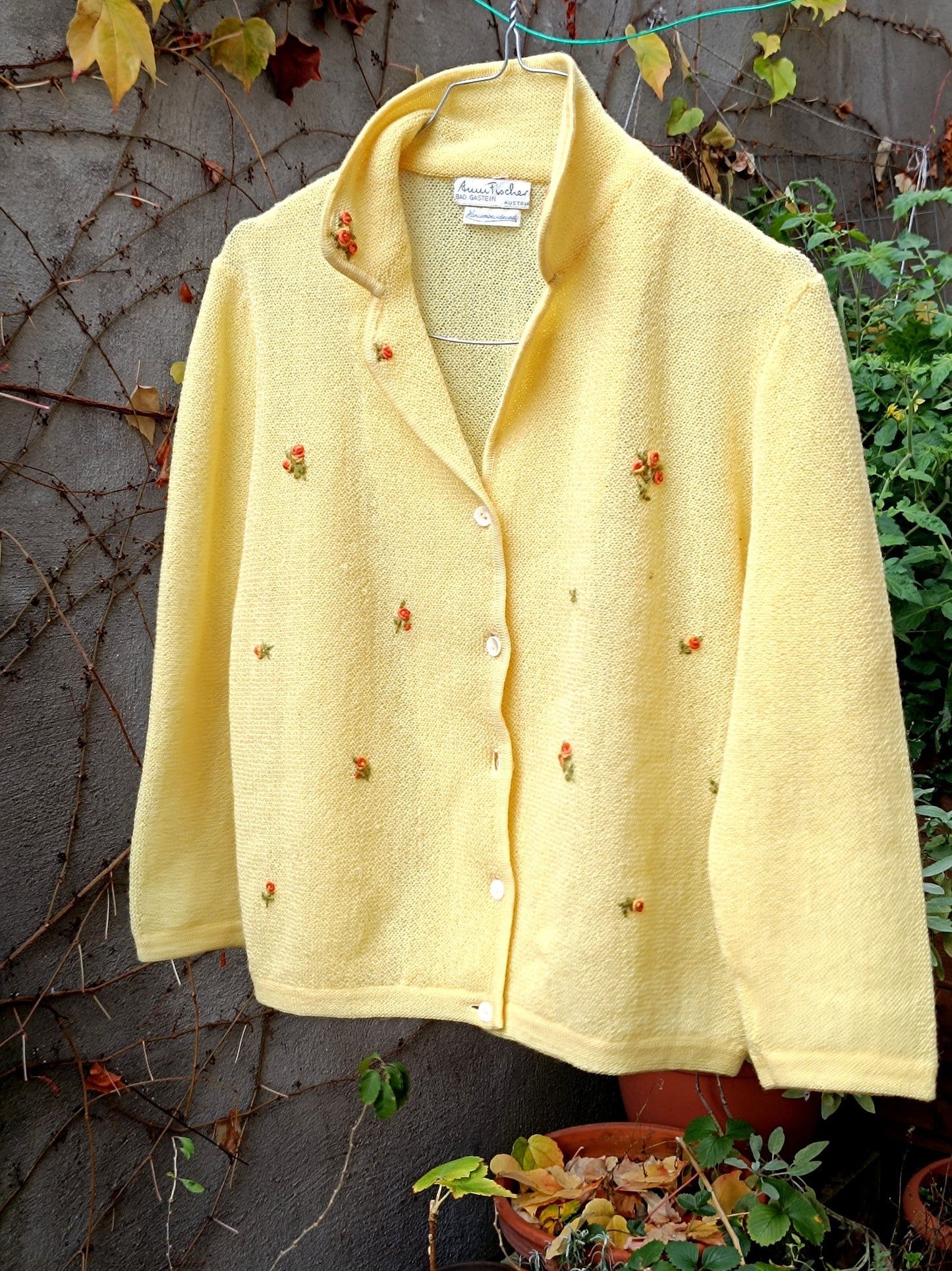 80s Austrian Cardigan |Women's Yellow Winter Cardigan with Hand floral embroidery| Traditional feminine sweater