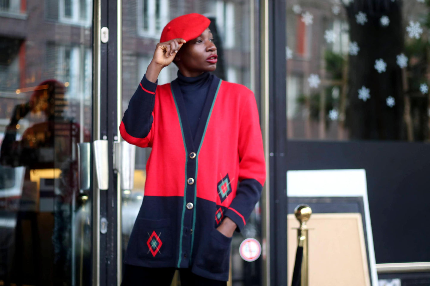 80s Women's Varsity Cardigan| Vintage Red Long-Sleeved Sweater with Argyle Print
