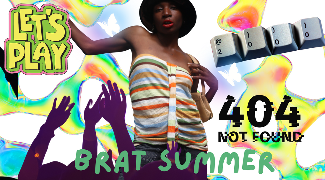 A collage-style y2k-inspired colorful lime green and yellow graphic showcasing a black model in a crop top against a futuristic glitchy background with keyboard keys and rave-elements. Inspired by Y2K-inspired vintage fashion and Charlie XCX