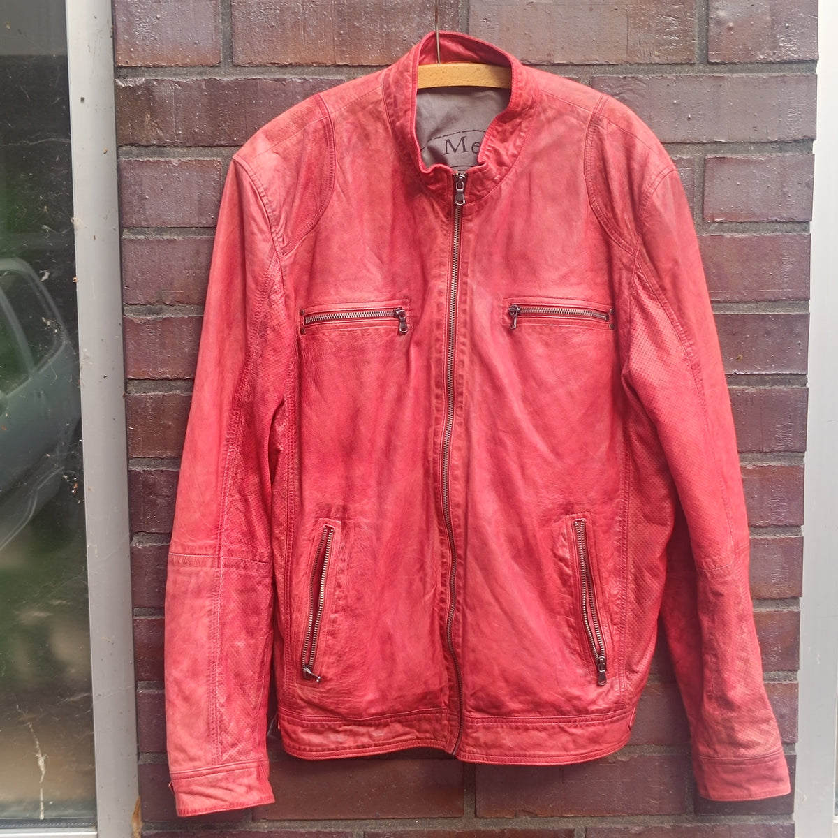 Red Leather Biker Jacket - Vintage Mey & Edlich Moto Jacket - Size L