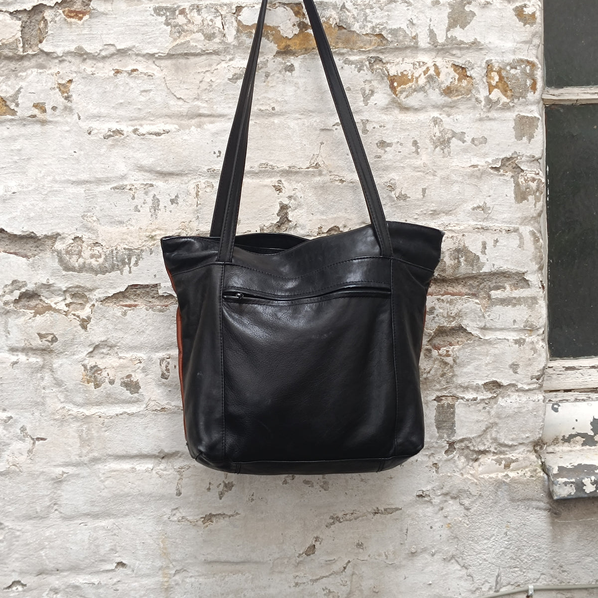 Vintage Leather Tote Bag | 90s Two Tone Black Brown Shoulder Purse