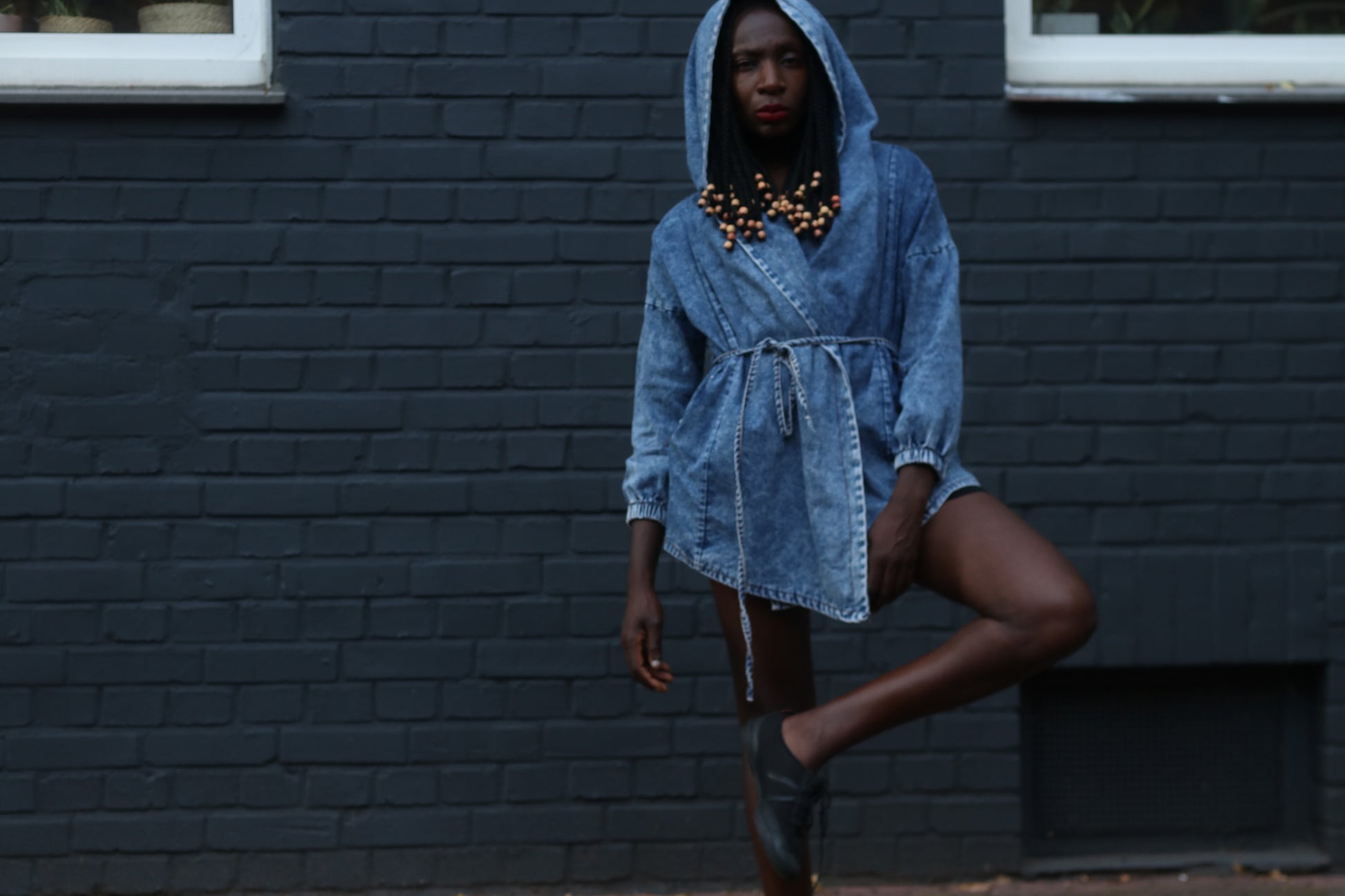Vintage 80s Acid Wash Denim Jacket Hooded Wrap Coat Blue Jean Parka OshKosh S M
