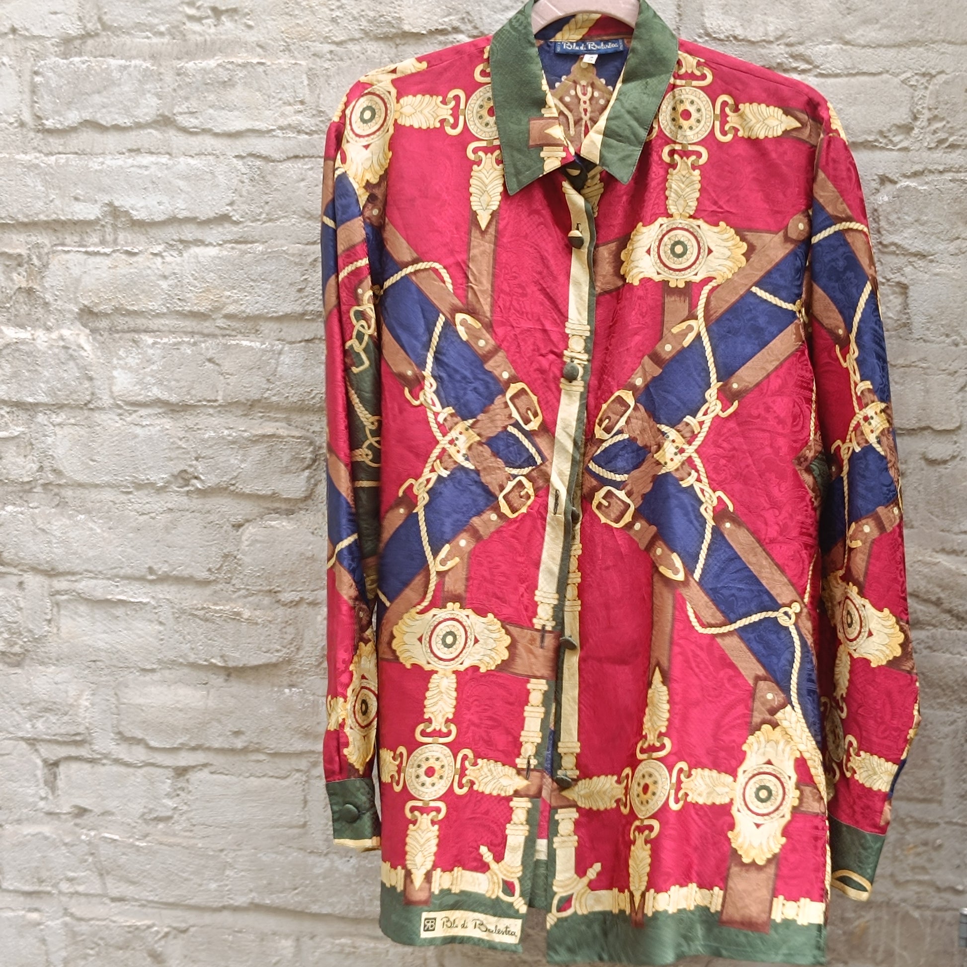 Blu di Balestra Vintage Silk Shirt 1990s Patterned Baroque Red Blouse Medium M