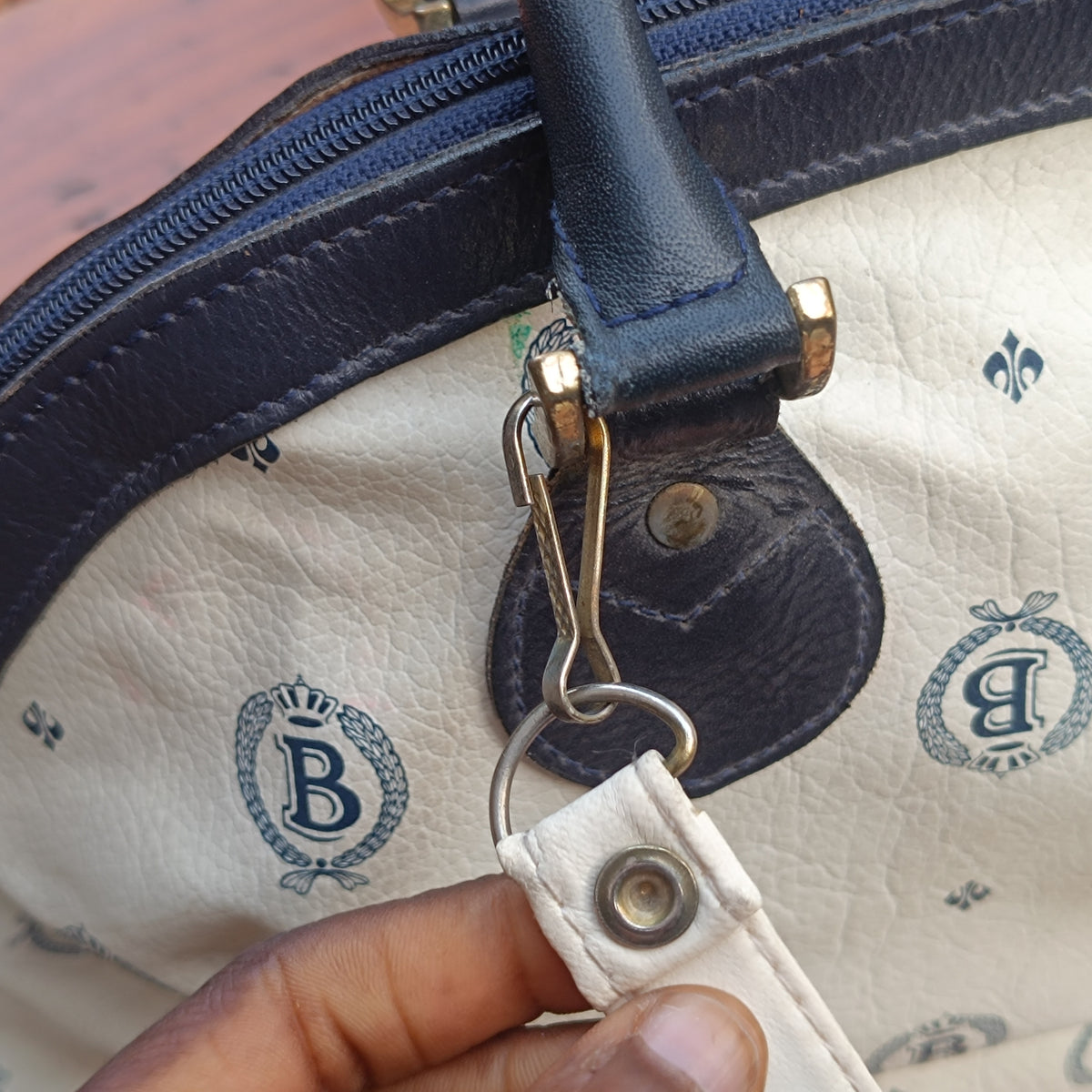 Vintage Michael Bocheim Monogram Boston Bag | 90s Chic Cream & Navy Handbag