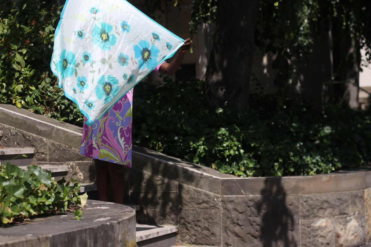 Vintage Hand Painted Silk Scarf - 90s Turquoise Floral Shawl