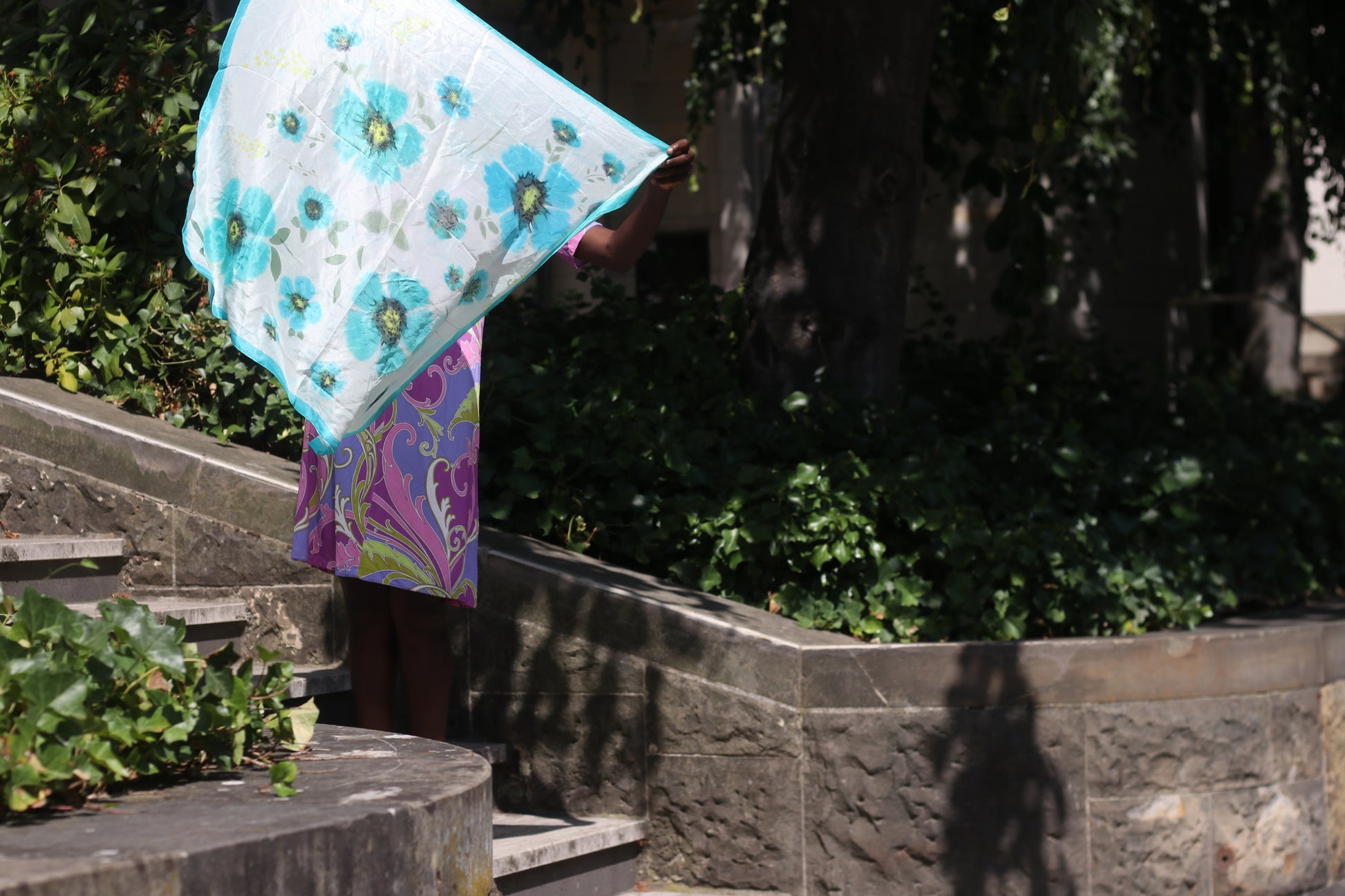 Vintage Hand Painted Silk Scarf - 90s Turquoise Floral Shawl
