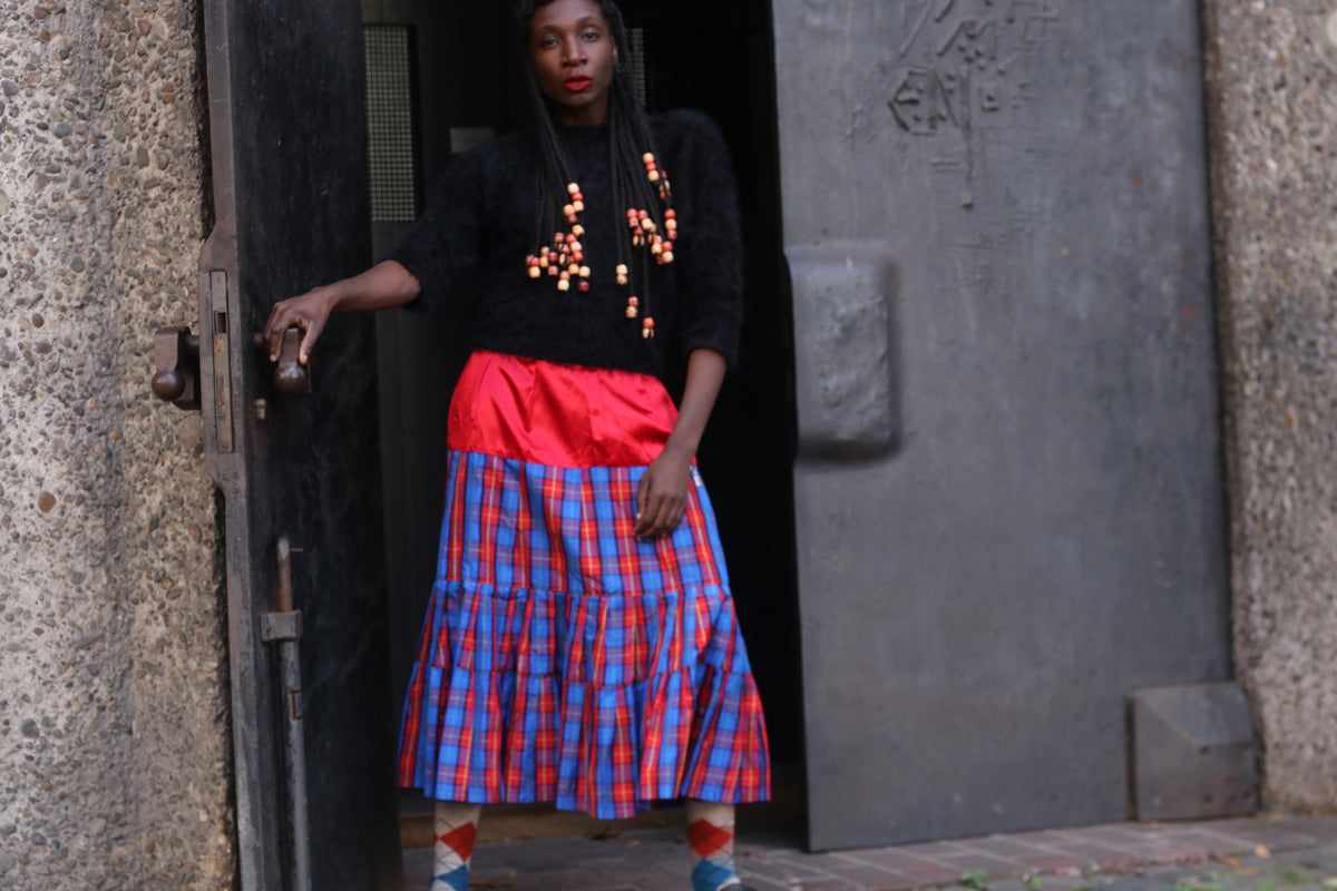 Vintage Tartan Midi Skirt 80s plaid tiered red blue fits L