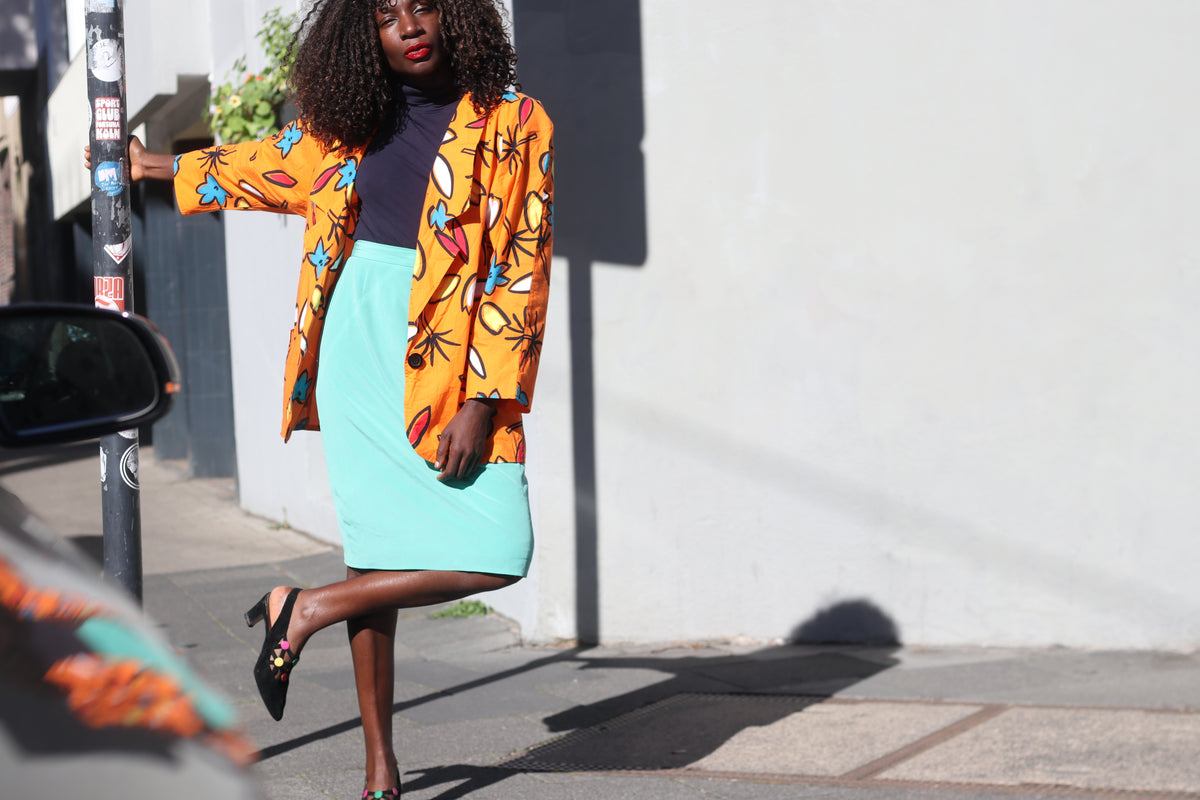 Vintage 80s Abstract Print Blazer | Orange Cotton Art Jacket M/L