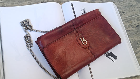 Vintage 1970s Red Leather Chain Shoulder Bag and Clutch