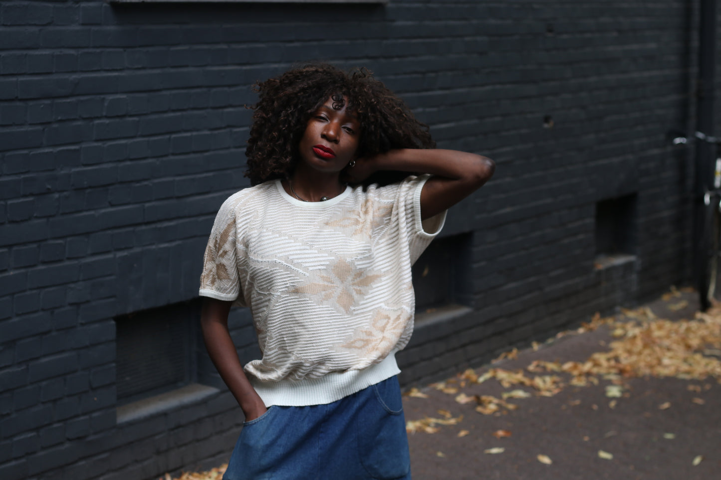 Vintage Short Sleeve Knit Top - 80s Textured Cream Sweater S/M