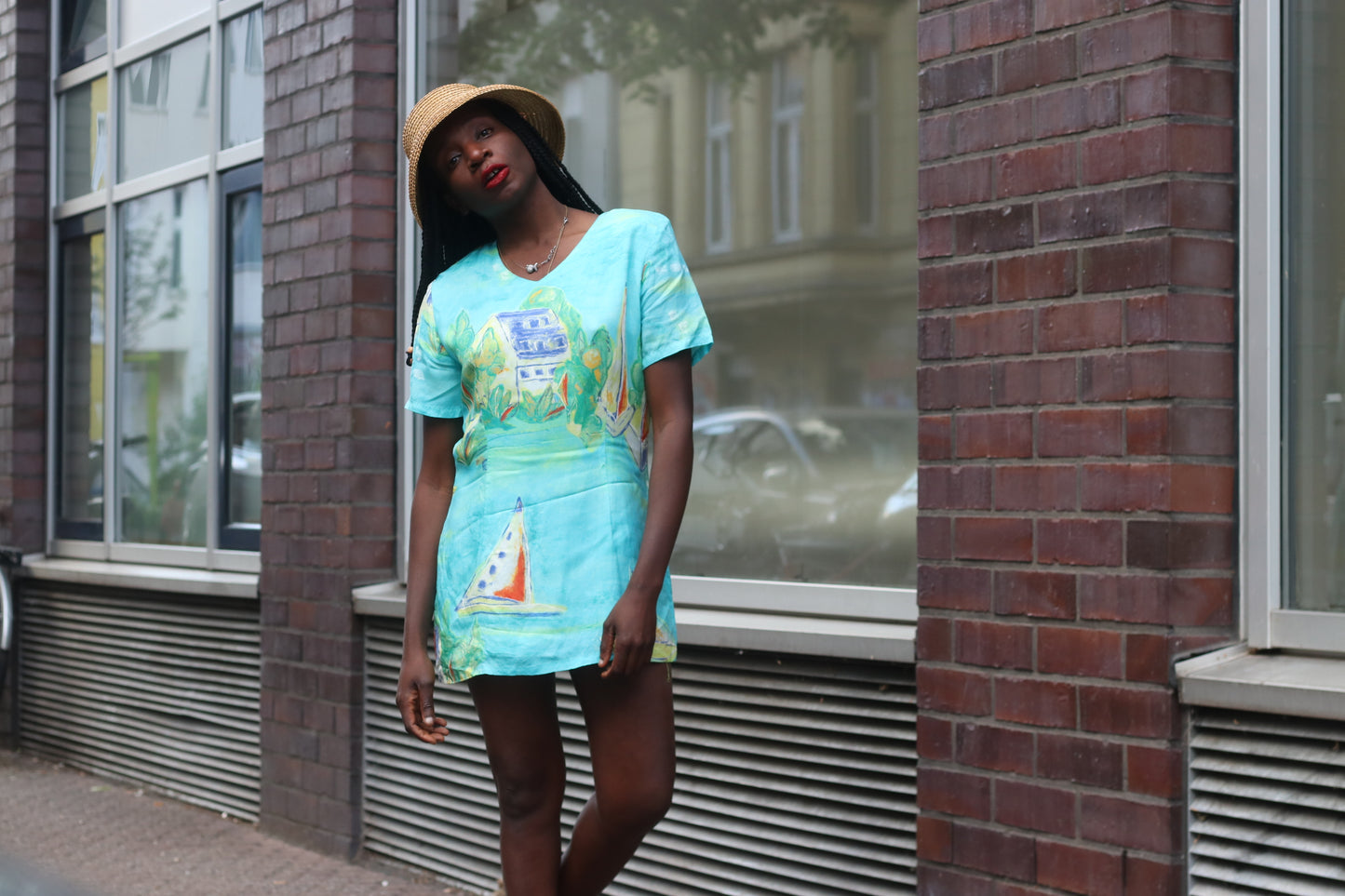 Mary Gualtieri Vintage 90s Crepe Shift Dress Turquoise Nautical Sailboat Theme