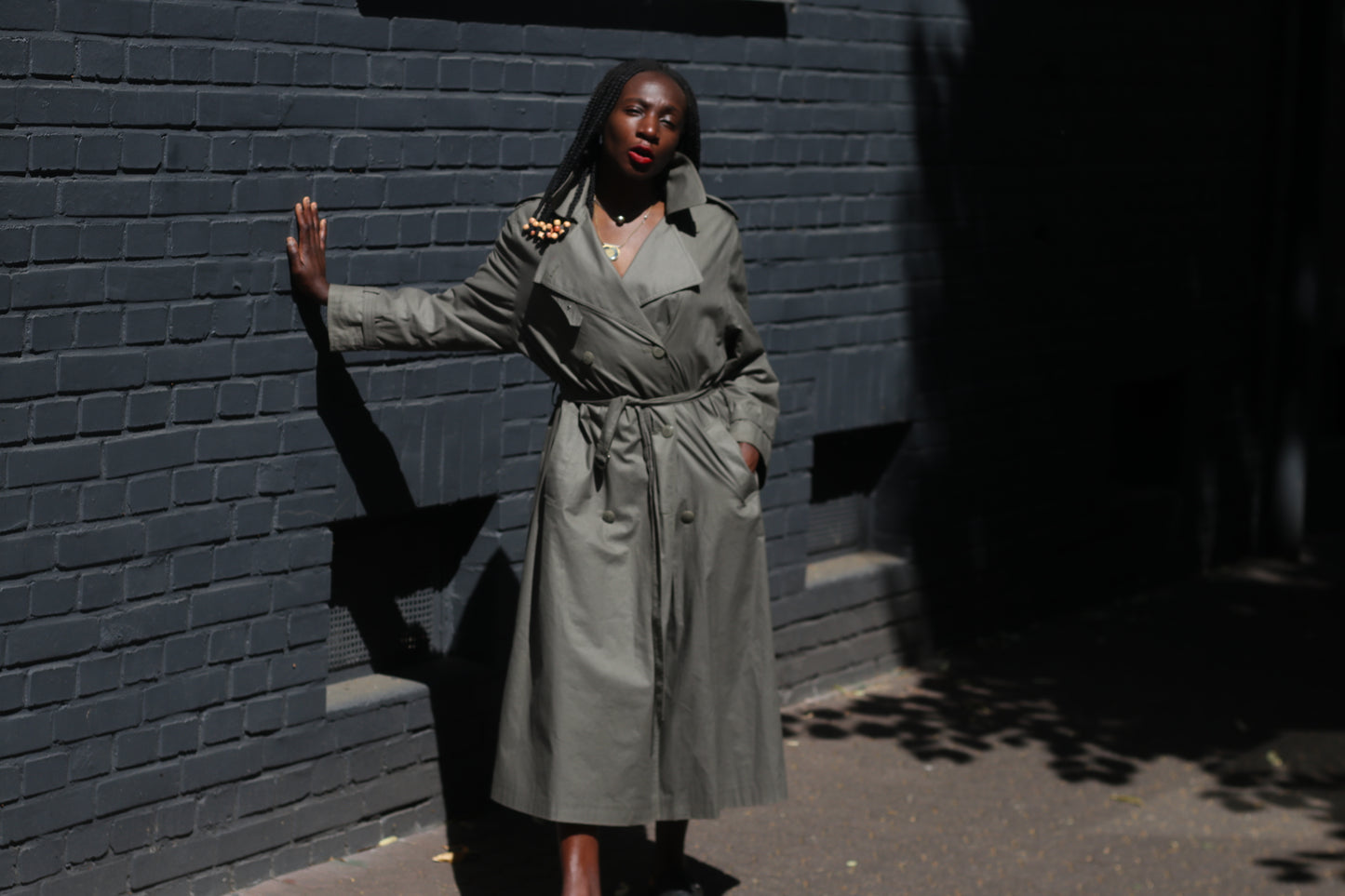 Vintage Trench Coat 80s Olive Green Khaki Plaid Lined Long Rain Mac Jacket Large