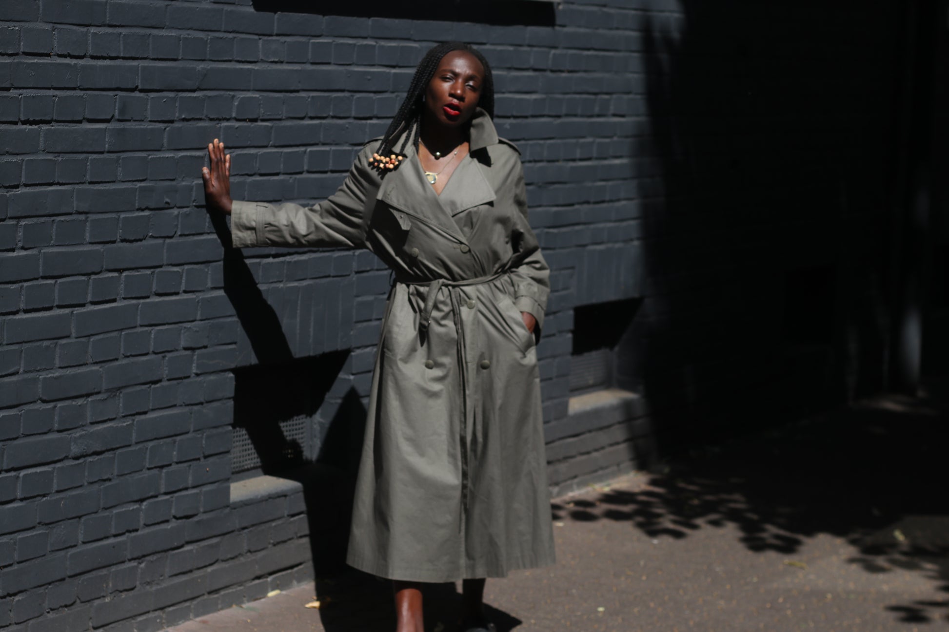 Vintage Trench Coat 80s Olive Green Khaki Plaid Lined Long Rain Mac Jacket Large