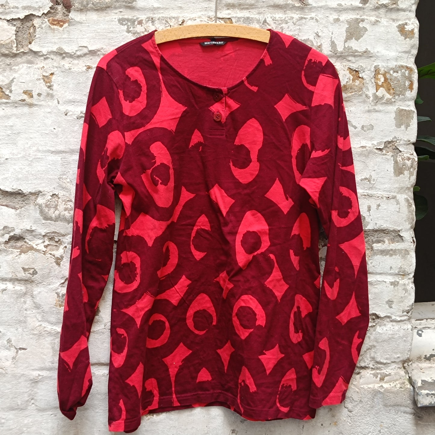 Marimekko Vintage Red Graphic Top - Y2K Long Sleeve Cotton Shirt