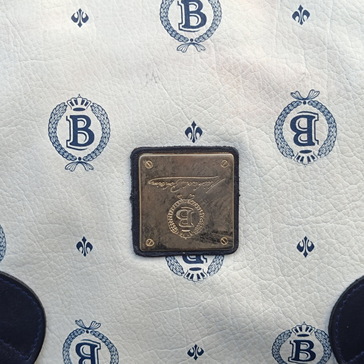 Vintage Michael Bocheim Monogram Boston Bag | 90s Chic Cream & Navy Handbag