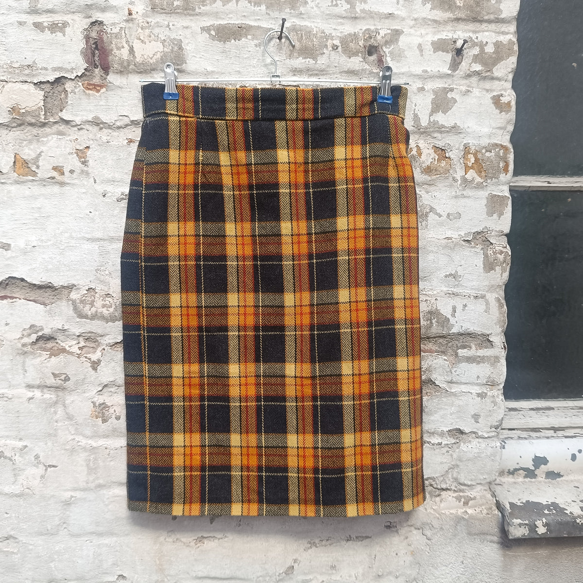 Plaid Pencil Skirt - Vintage 90s Tartan Yellow Navy S/M