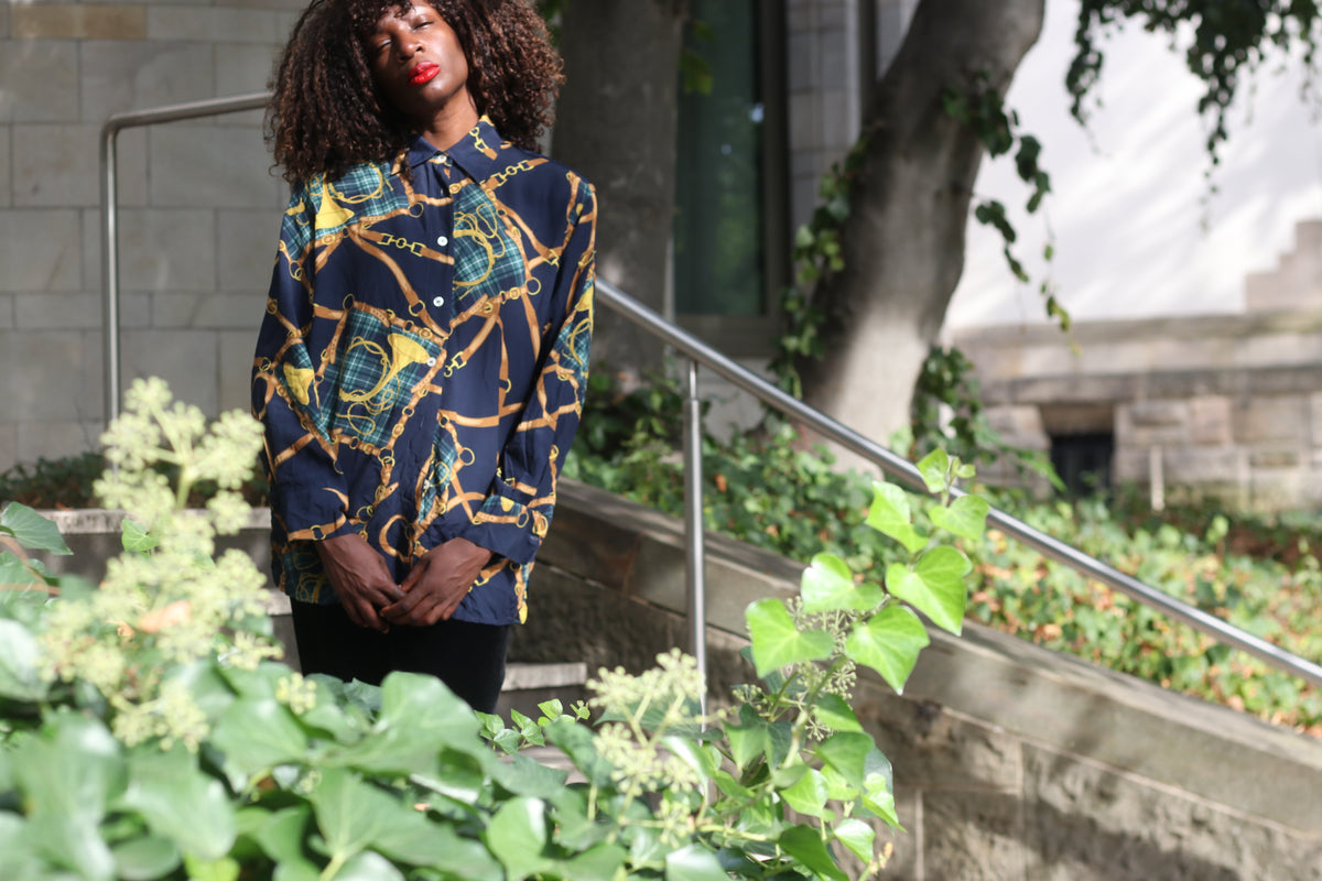 90s equestrian print button down shirt, resort style navy blue blouse, size M