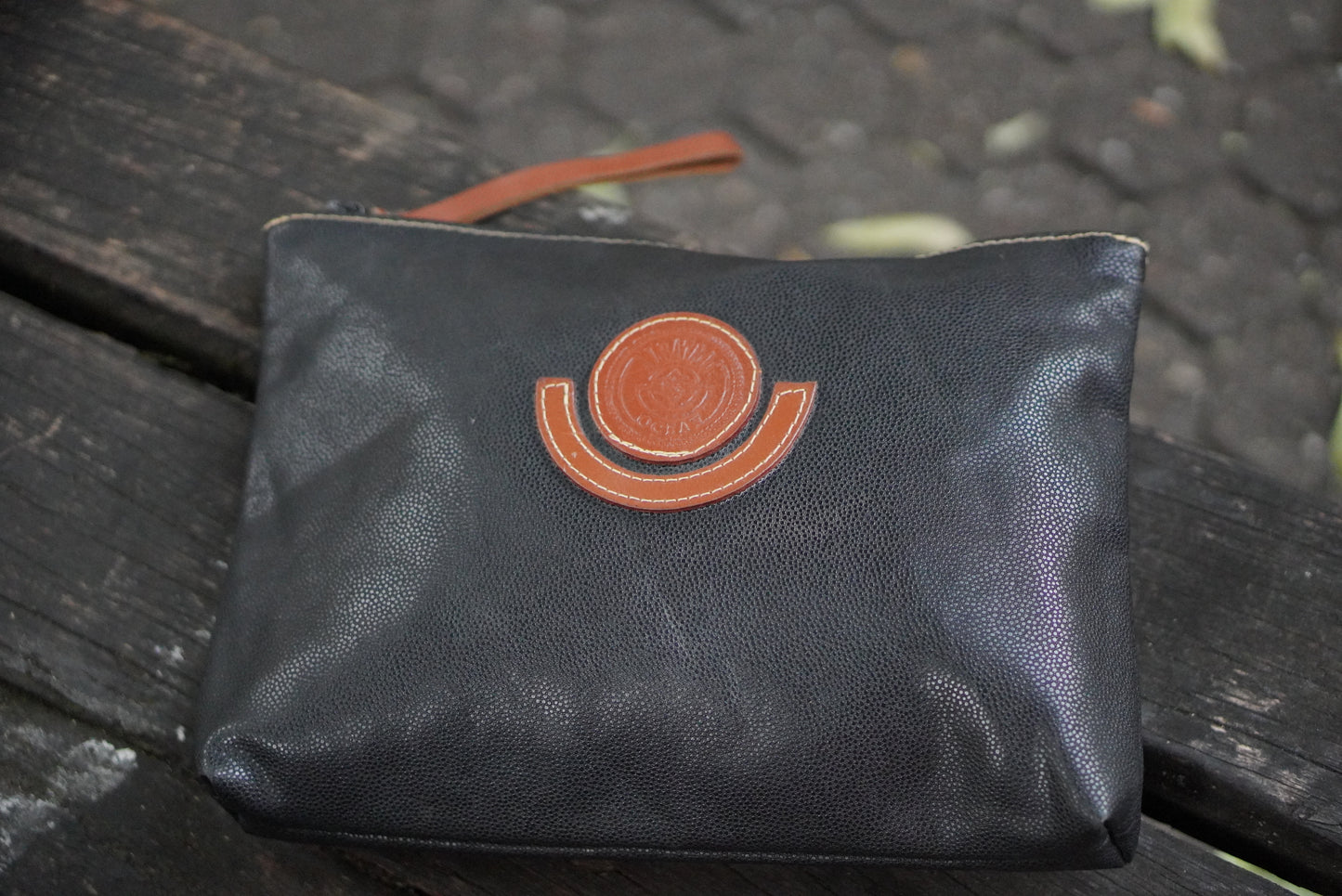 Albatross Ocean Vintage Clutch Bag Black Textured Leather Makeup Pouch 80s 90s
