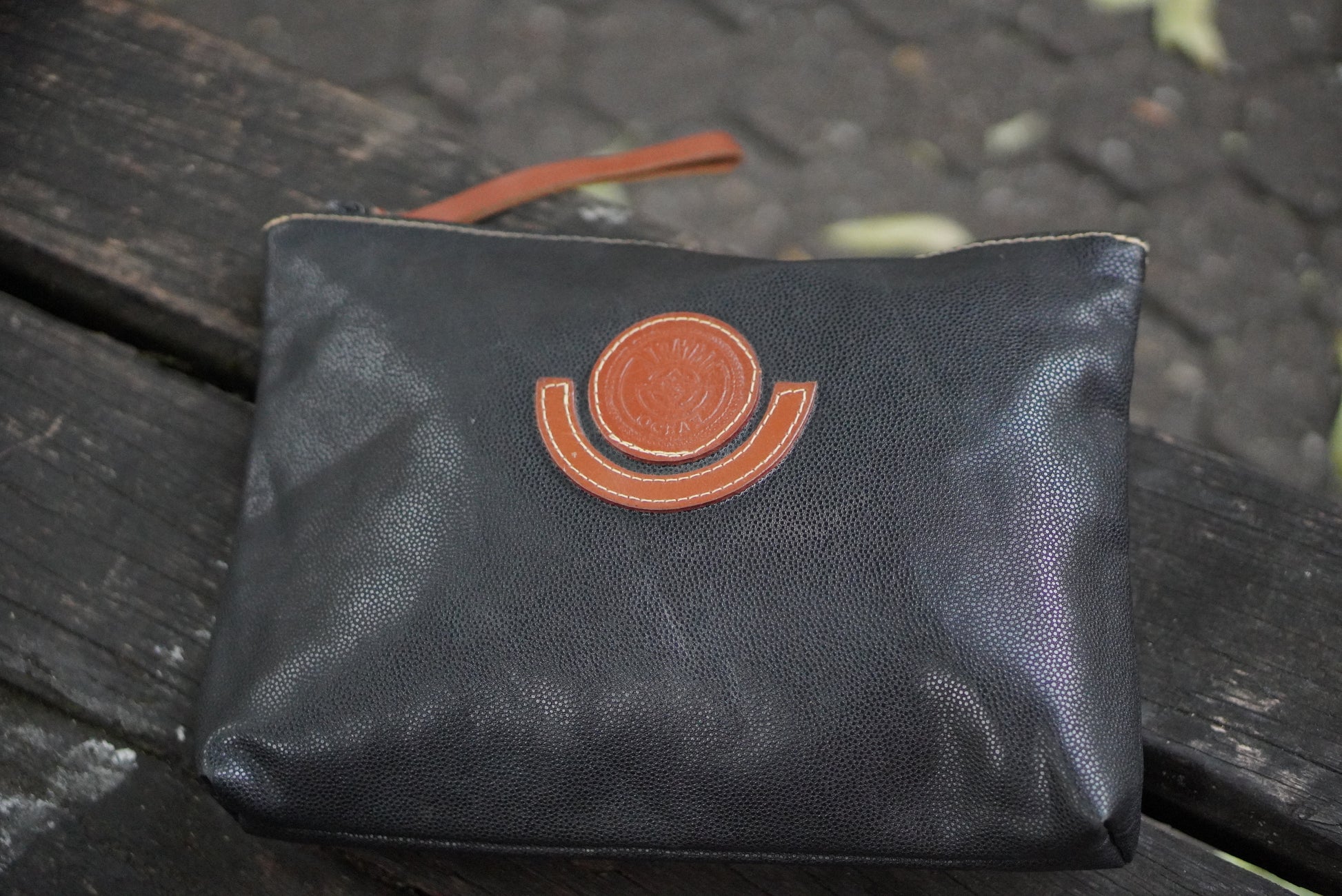 Albatross Ocean Vintage Clutch Bag Black Textured Leather Makeup Pouch 80s 90s