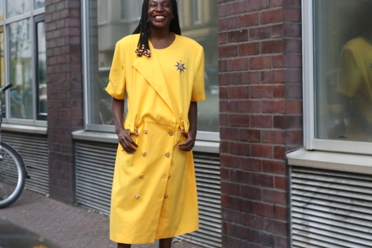 Vintage 80s Yellow Trench Dress | Short Sleeve Midi Shirtdress L to XL