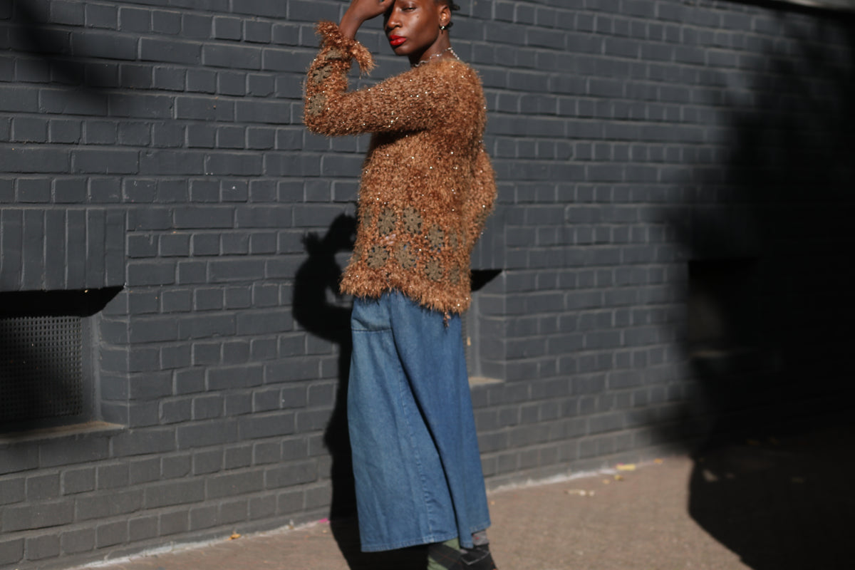 Vintage Brown Fuzzy Knit Cardigan | Y2K Crochet Trim Zipper Sweater XL