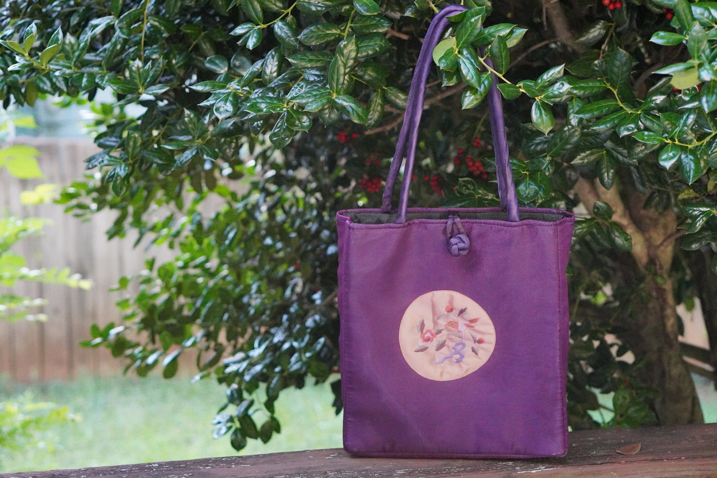 Vintage 1990s Purple Silk Embroidered Tote Bag