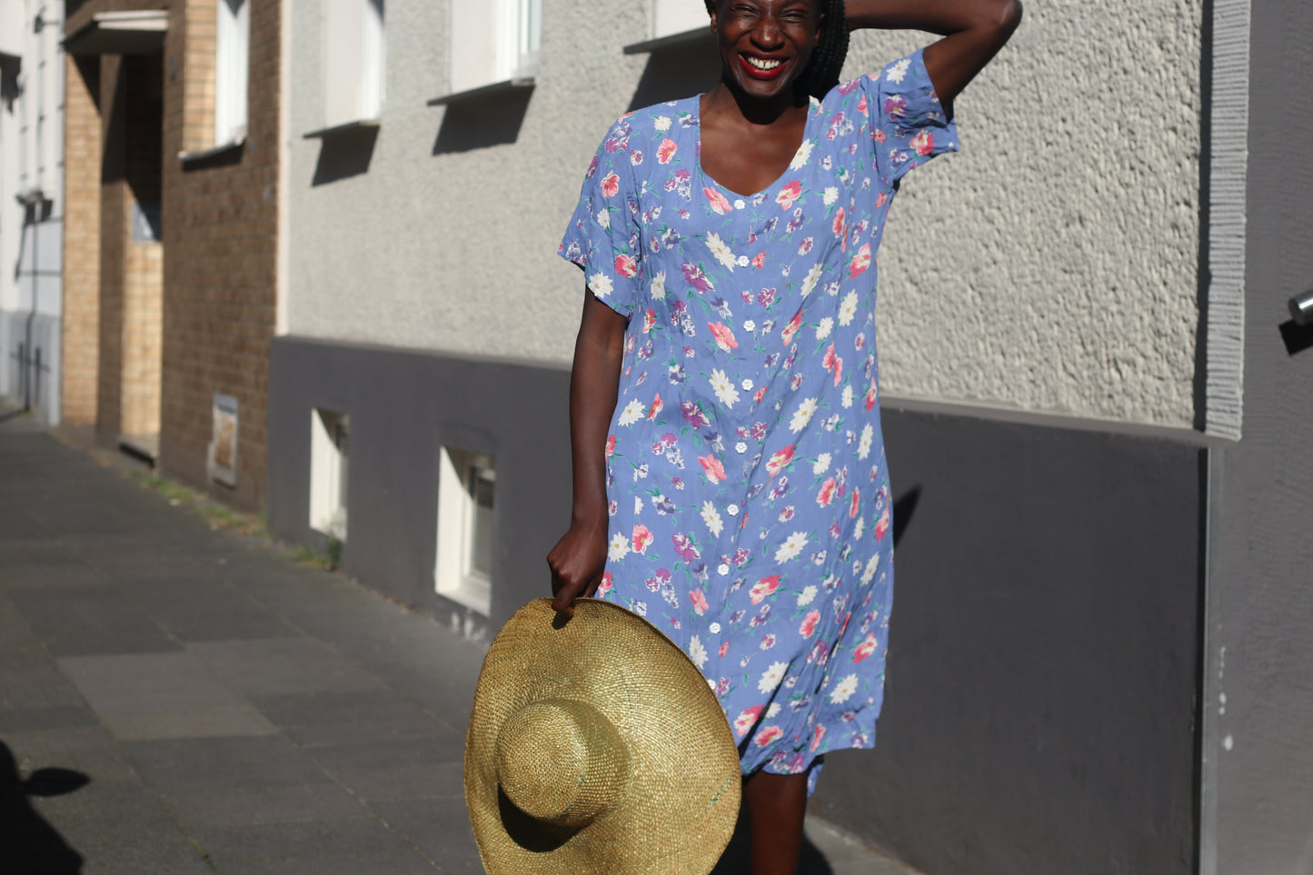 Vintage 1990s Floral Midi Dress - Blue 90s Grunge Button Front Sundress
