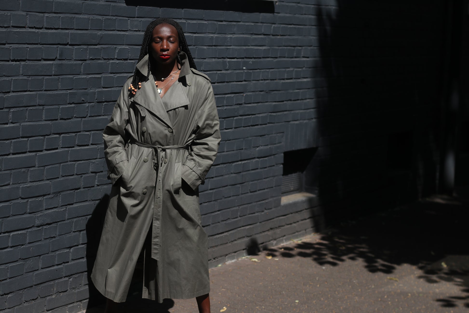 Vintage Trench Coat 80s Olive Green Khaki Plaid Lined Long Rain Mac Jacket Large