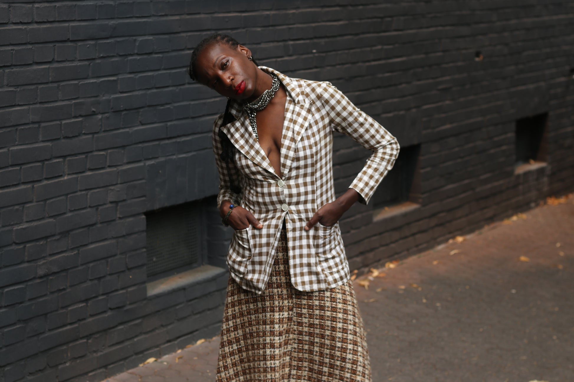 Gingham Blazer Jacket | Vintage French Brown White | Fits XS S