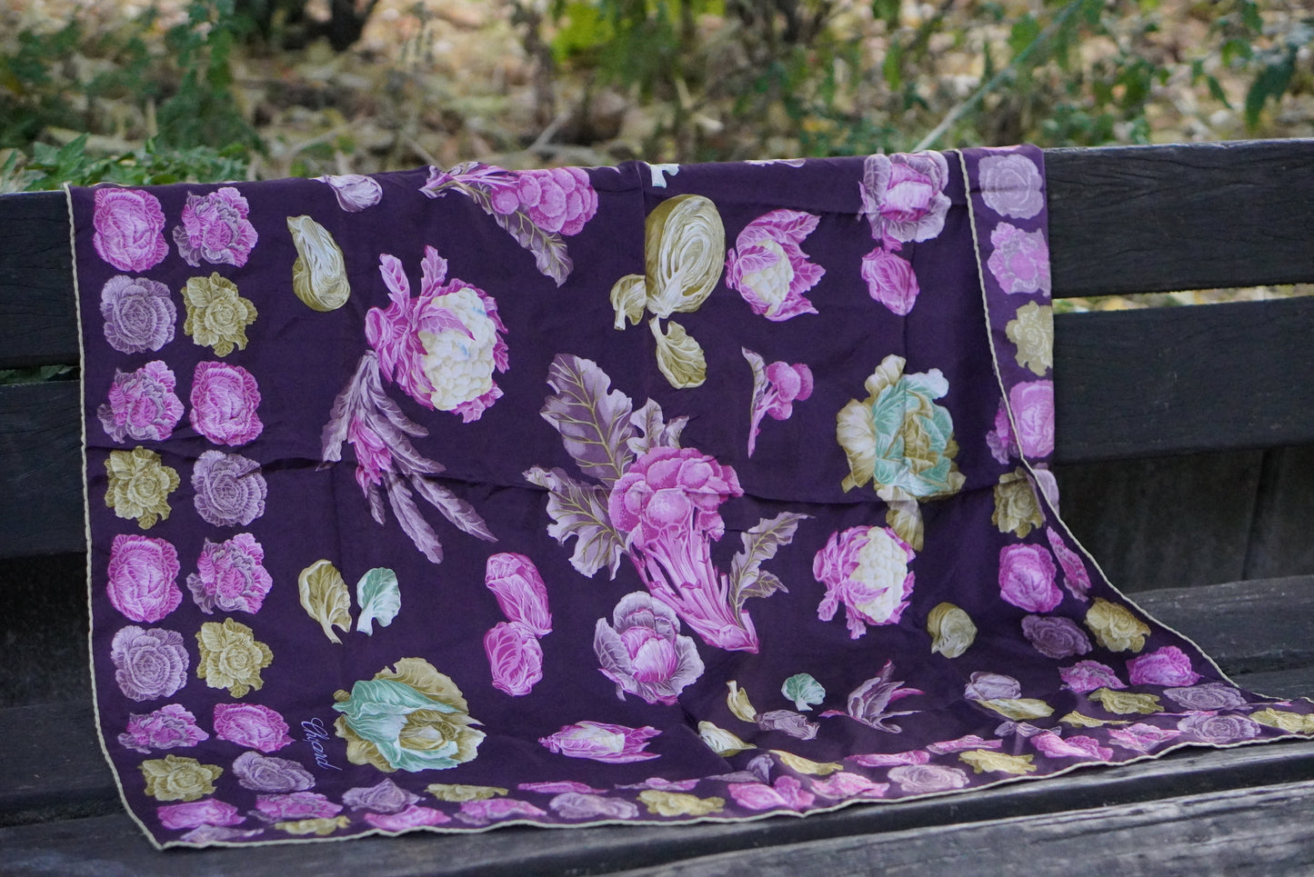 Chopard Scarf Vintage Silk Purple Floral Cabbage Print Logo Designer Headscarf