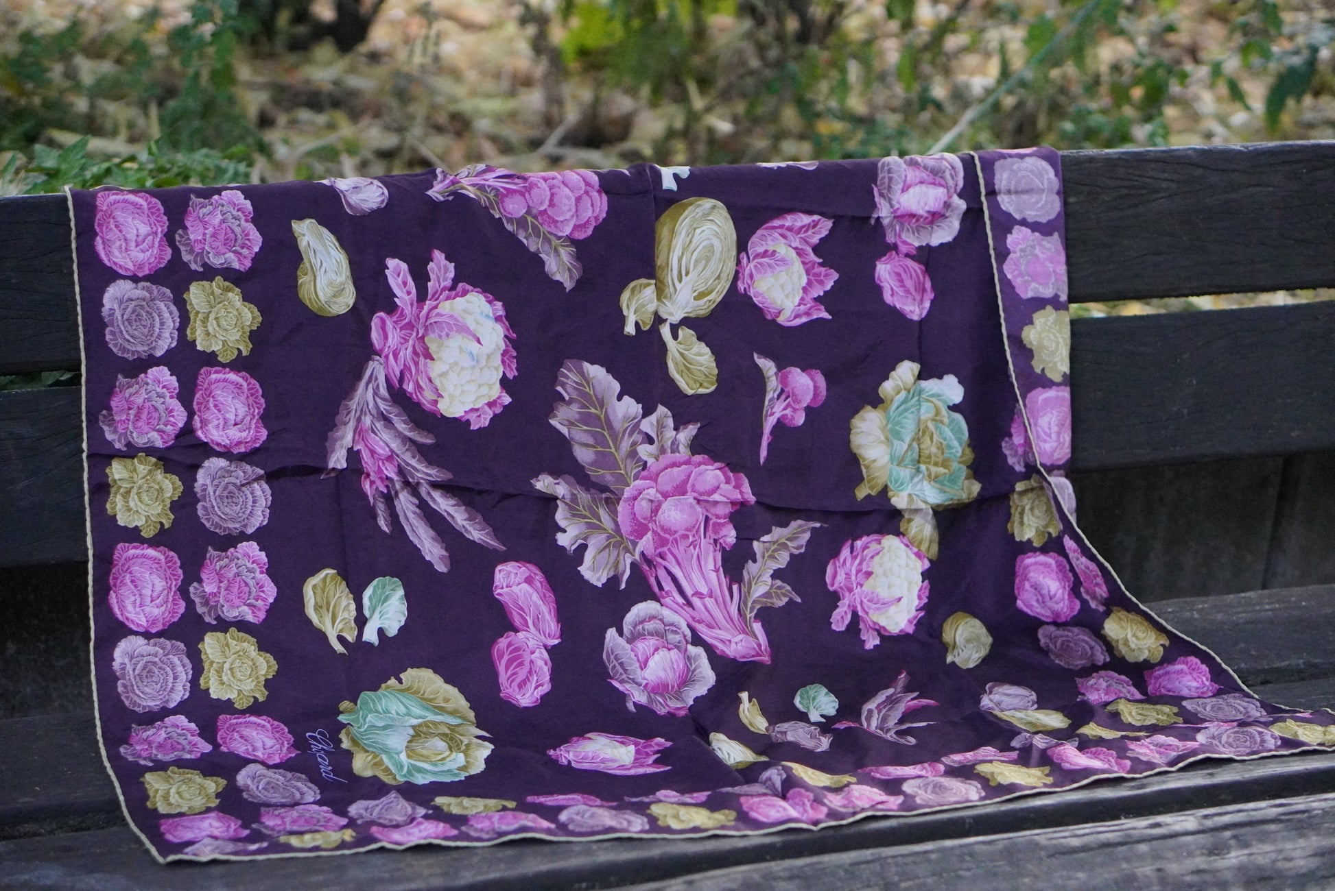 Chopard Scarf Vintage Silk Purple Floral Cabbage Print Logo Designer Headscarf