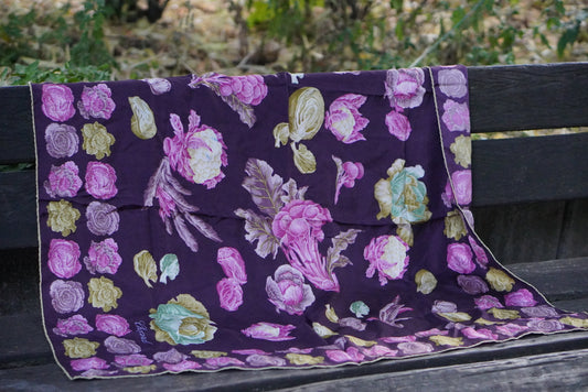 Chopard Scarf Vintage Silk Purple Floral Cabbage Print Logo Designer Headscarf