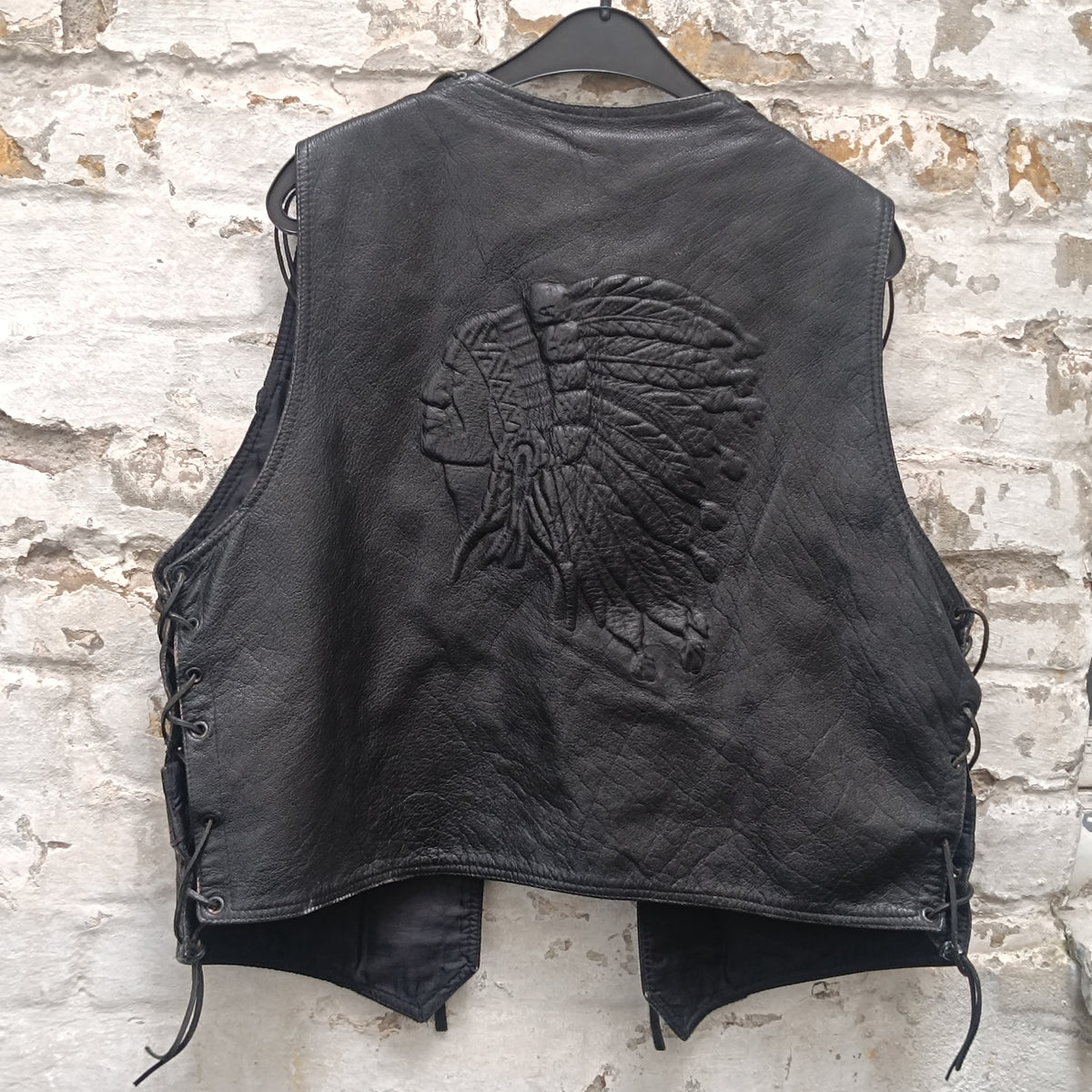 Men's NBS Original black leather biker vest with fringes, size M