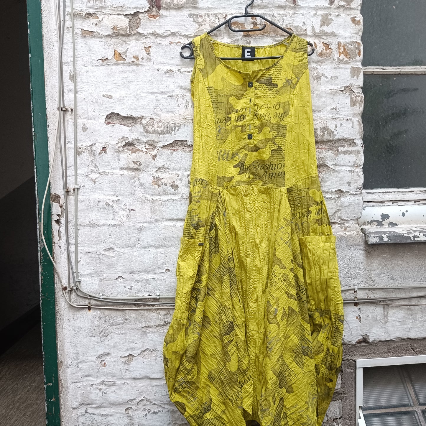 Yellow Avant-Garde Newspaper Dress - 90s Printed Balloon Midi - M/L