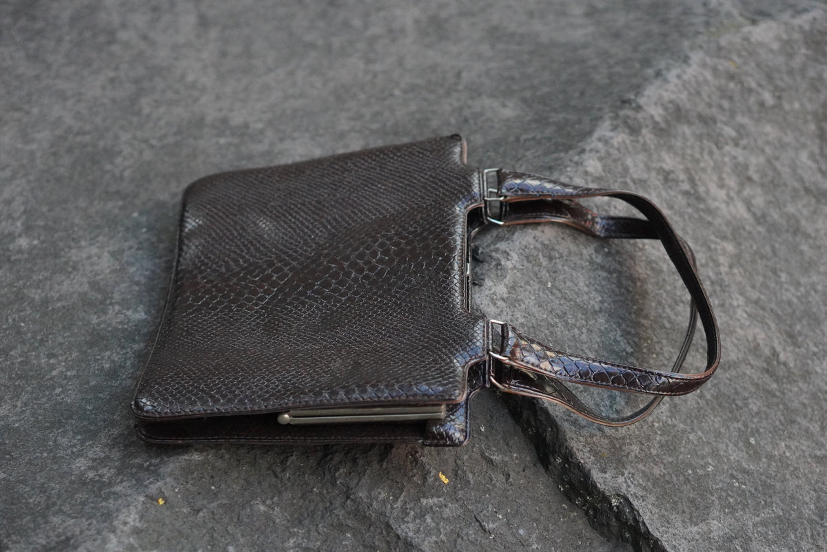 Vintage 1960s Faux Snakeskin Handbag - Dark Brown Top Handle Purse
