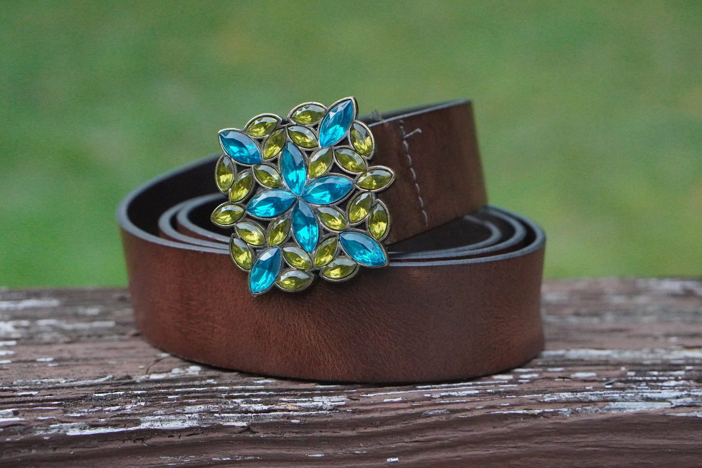 Vintage Y2K Italian Leather Belt - Blue Green Rhinestone Buckle Boho