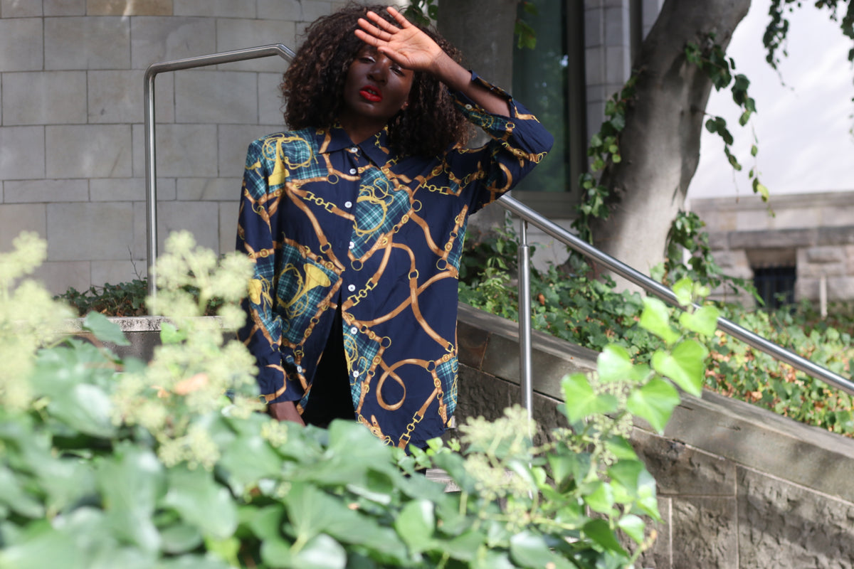90s equestrian print button down shirt, resort style navy blue blouse, size M