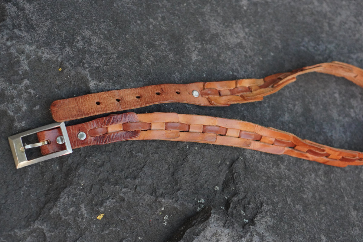 Woven Leather Belt | Vintage 70s Tan Brown | Silver Buckle S/M