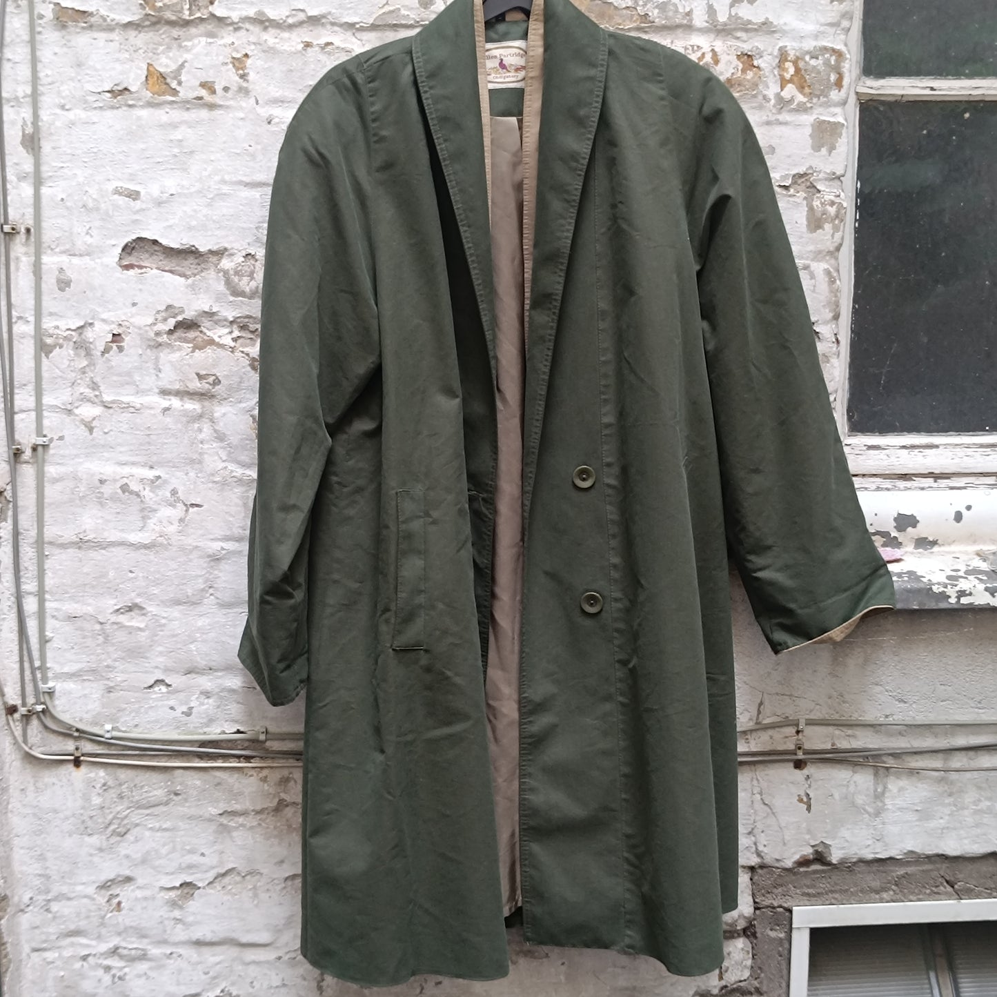Vintage Ellen Partridge Green Trench Coat 1980s Cotton Duster Minimalist Jacket M