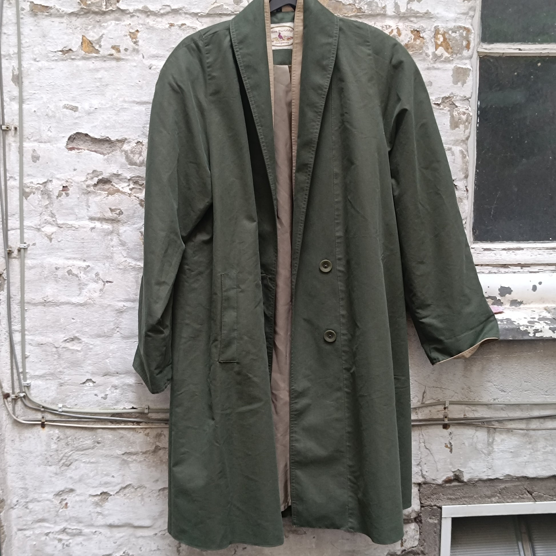 Vintage Ellen Partridge Green Trench Coat 1980s Cotton Duster Minimalist Jacket M
