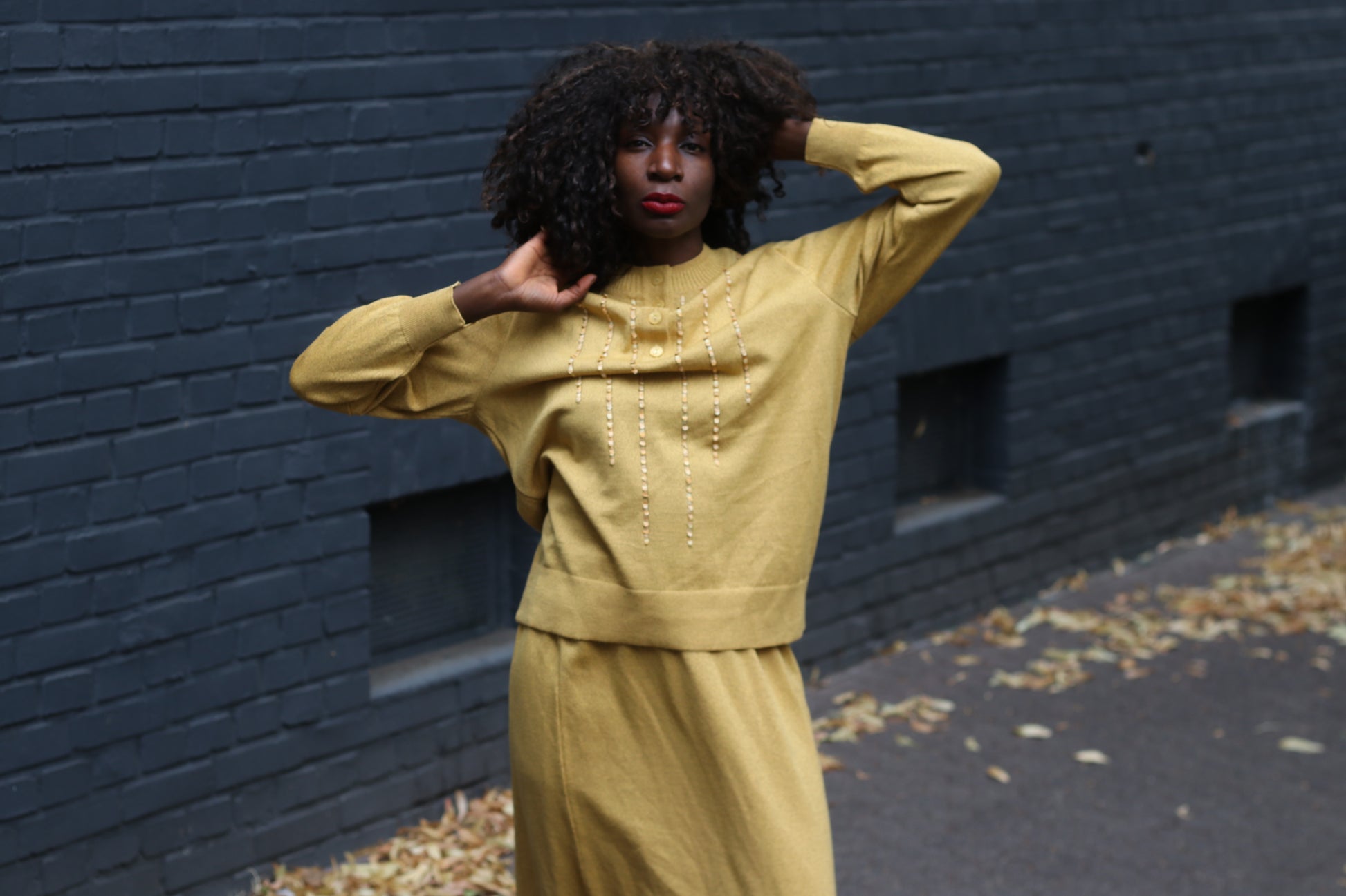 Vintage Wool Knit Skirt Set | 1980s Mustard Yellow Two Piece M