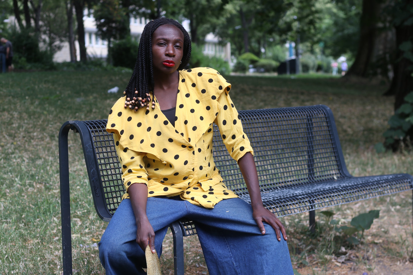 Vintage 1980s Polka Dot Blouse Yellow Black Statement Collar Avant Garde Shirt