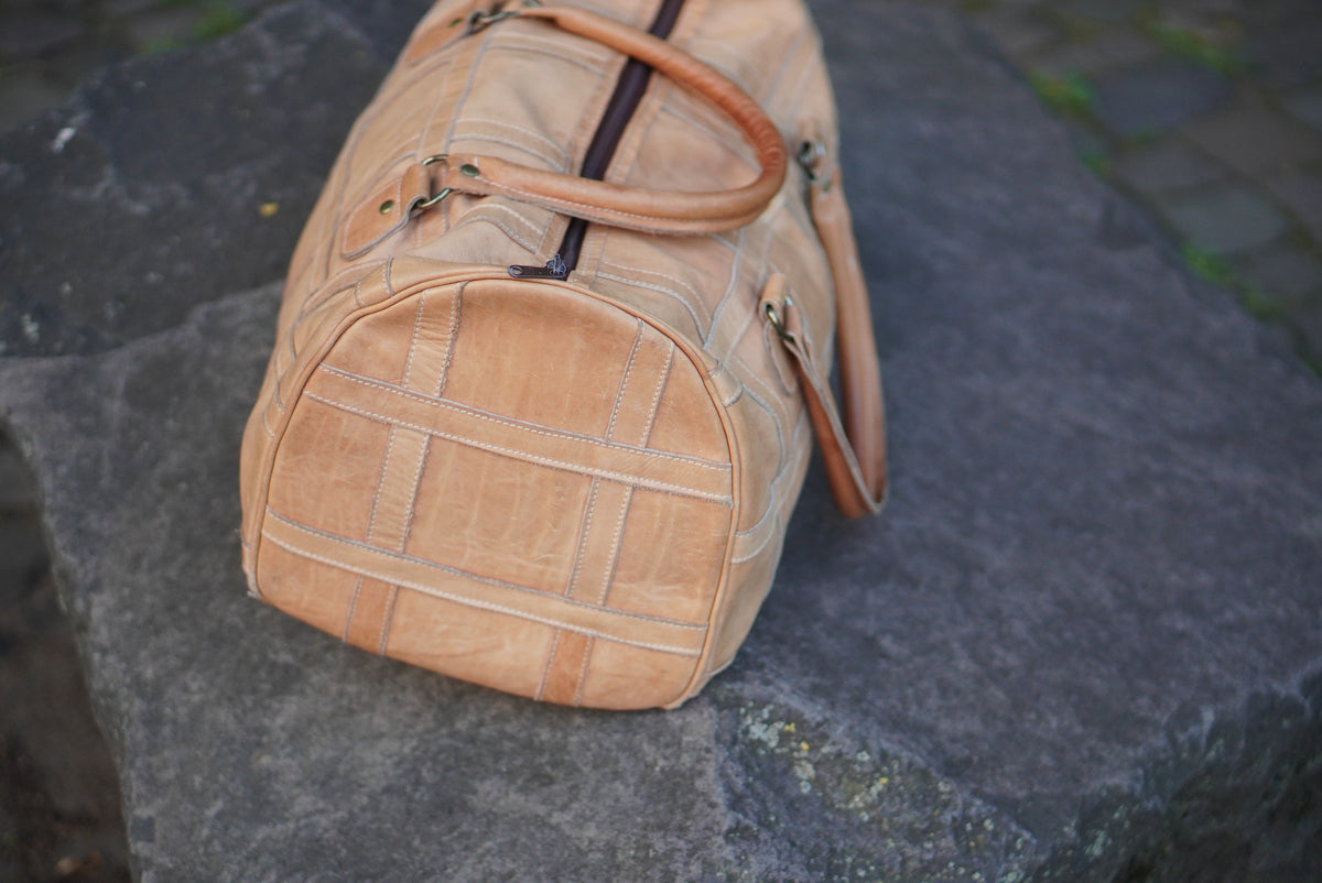 Vintage Patchwork Leather Duffle Bag - 1970s Tan Travel Holdall