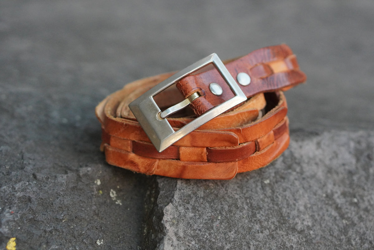Woven Leather Belt | Vintage 70s Tan Brown | Silver Buckle S/M