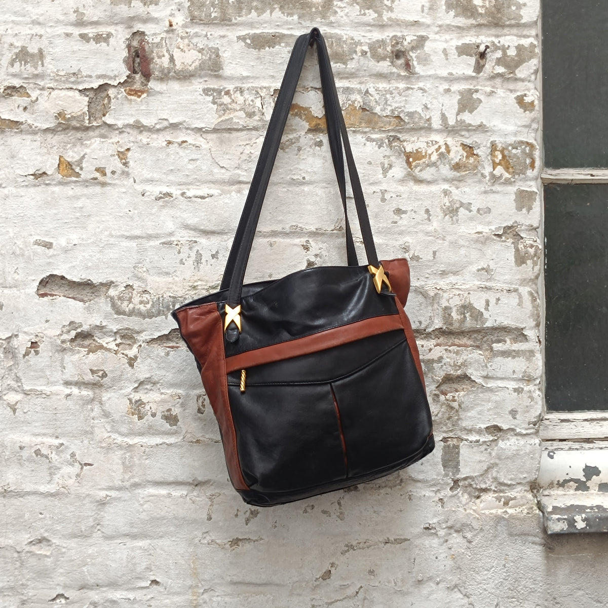 Vintage Leather Tote Bag | 90s Two Tone Black Brown Shoulder Purse