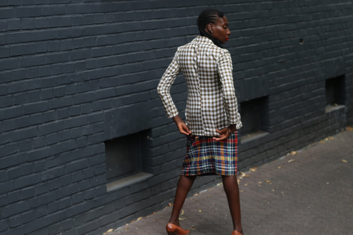 Gingham Blazer Jacket | Vintage French Brown White | Fits XS S