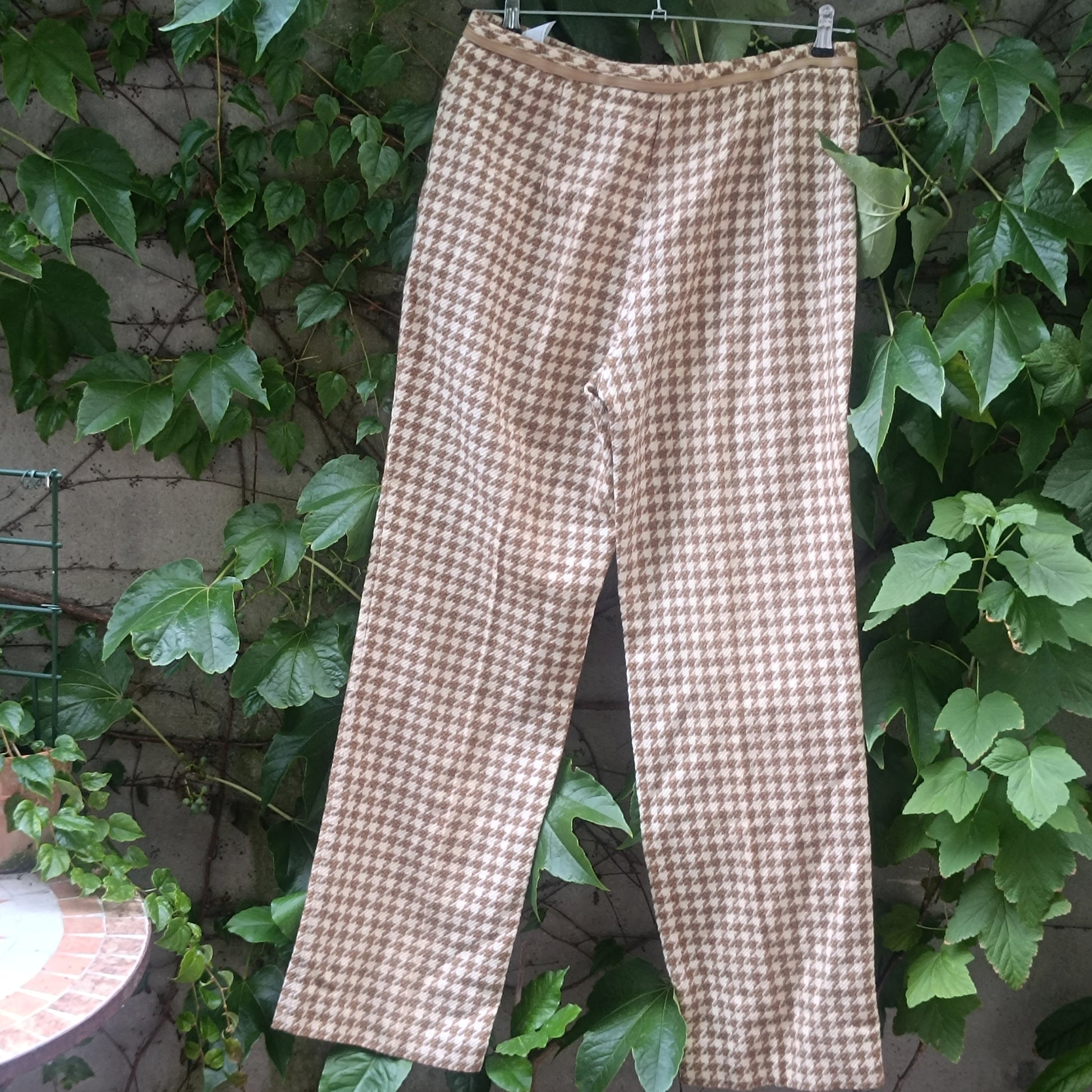 Vintage Houndstooth Virgin Wool Trousers - 90s Beige Taifun Pants M