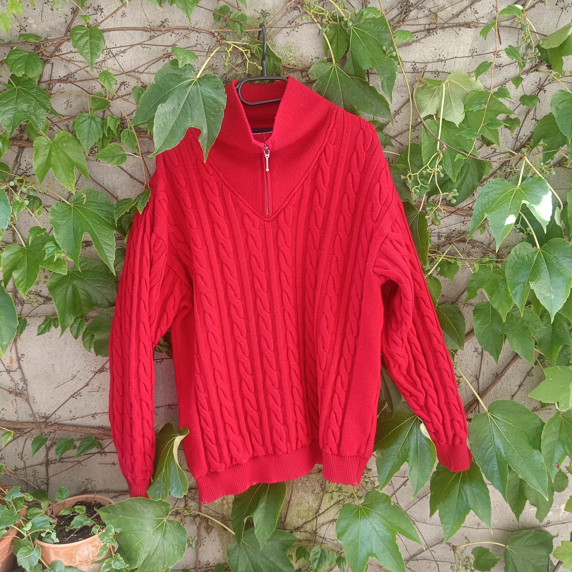 Merino Wool Sweater - Vintage Red Cable Knit Quarter Zip Jumper  L