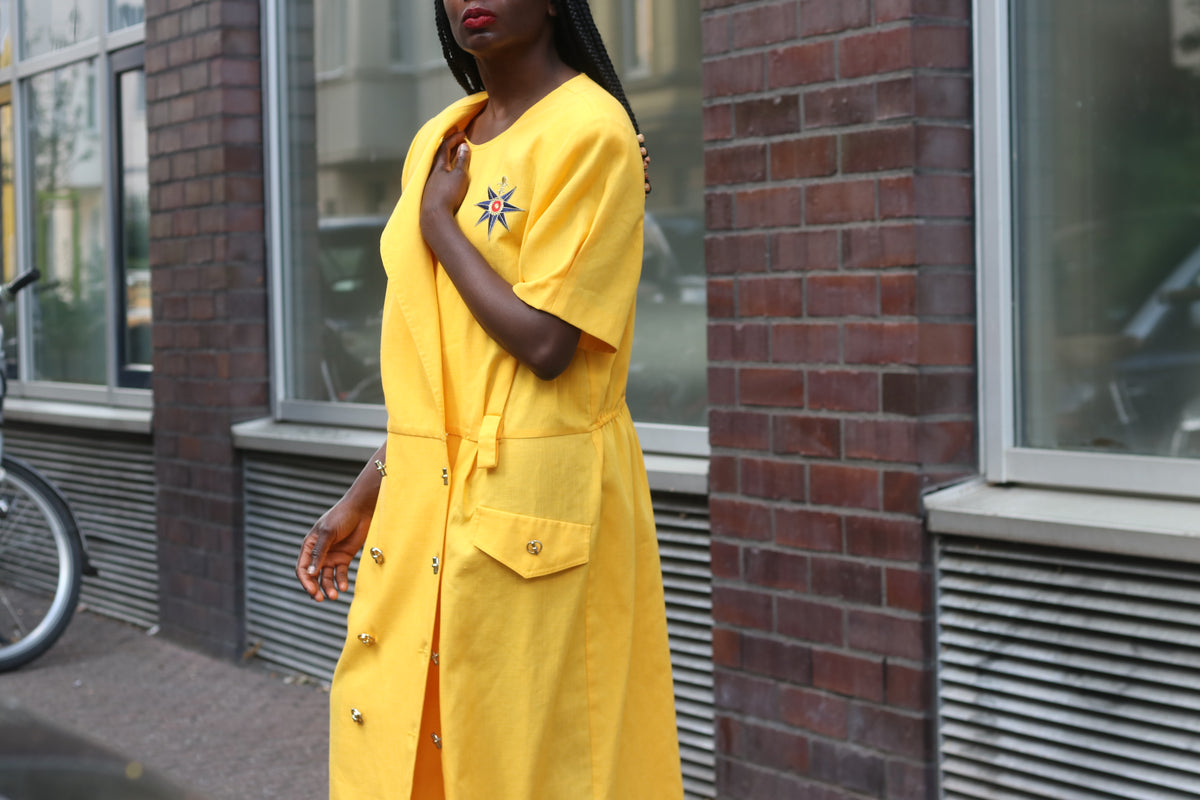 Vintage 80s Yellow Trench Dress | Short Sleeve Midi Shirtdress L to XL